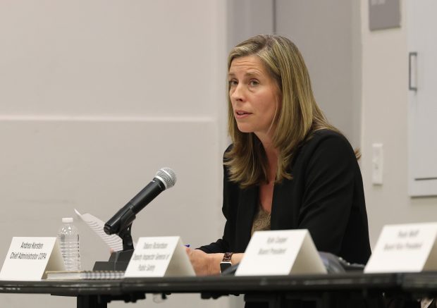 Andrea Kersten, chief administrator of the Civilian Office of Police Accountability (COPA), addresses attendees about police body camera footage released of the fatal shooting of Dexter Reed during a traffic stop, at the monthly Chicago Police Board meeting at police headquarters on April 18, 2024, in Chicago. (John J. Kim/Chicago Tribune)