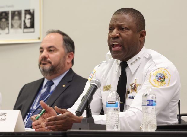 Chicago police Superintendent Larry Snelling responds to statements from Andrea Kersten, then chief administrator of the Civilian Office of Police Accountability (COPA), at the monthly Chicago Police Board meeting at police headquarters on April 18, 2024, in Chicago. (John J. Kim/Chicago Tribune)