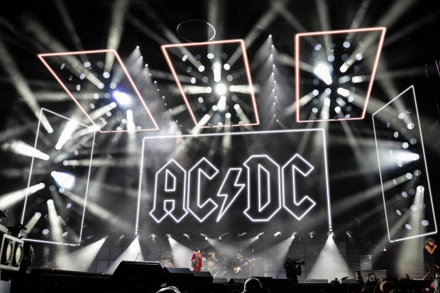 AC/DC's stage featured a large light show and video screen at Soldier Field on May 24, 2025. (Vincent D. Johnson/for the Chicago Tribune)