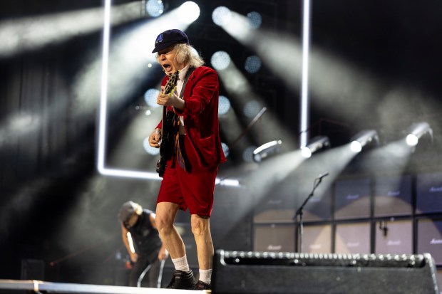 Angus Young of AC/DC at Soldier Field on May 24, 2025. (Vincent D. Johnson/for the Chicago Tribune)