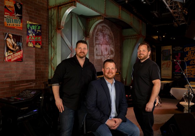 Brandon, Jeff and Chris Chisholm at Andy's Jazz Club as they approach their 50th anniversary on May 5, 2025, in River North. (Brian Cassella/Chicago Tribune)