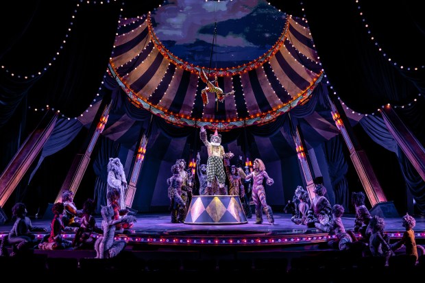 Gene Weygandt (center) as Asparagus the Theatre Cat and the cast of "Cats" at the Paramount Theatre in Aurora. (Brett Beiner)