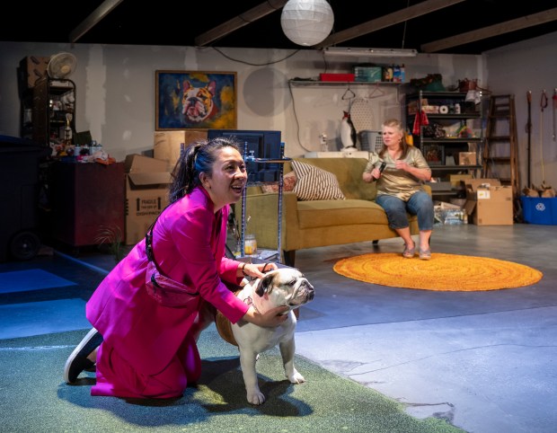 Stephanie Shum and Tara Mallen, with Vivi, in "Gorgeous" by Raven Theatre and Rivendell Theatre Ensemble. (Michael Brosilow)