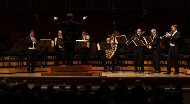 Conductor Klaus Mäkelä leads the brass section of the Chicago Symphony Orchestra in a piece by CSO conductor emeritus Pierre Boulez at Symphony Center, on May 1, 2025. (Vincent D. Johnson/for the Chicago Tribune)