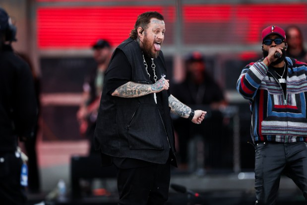 Jelly Roll performs at Wrigley Field while opening for Post Malone, May 22, 2025, in Chicago. The concert is also Jelly Roll's first performance at the friendly confines. (Armando L. Sanchez/Chicago Tribune)