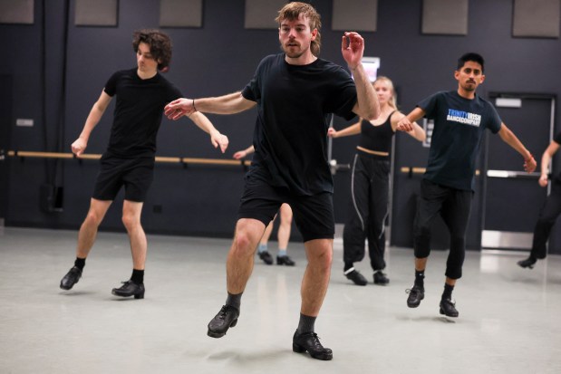 Michael Fleck and other Trinity Irish Dance Company members rehearse at Katten Landau Studios on April 13, 2025, for their upcoming show at the Museum of Contemporary Art. (Eileen T. Meslar/Chicago Tribune)