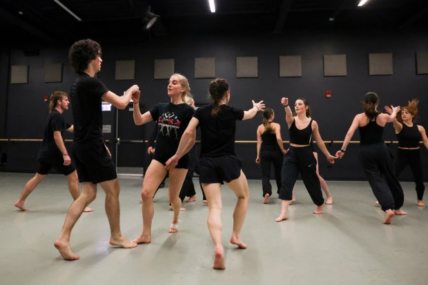Trinity Irish Dance Company members rehearse at Katten Landau Studios in the Loop on April 13, 2025, for their upcoming show at the Museum of Contemporary Art. (Eileen T. Meslar/Chicago Tribune)