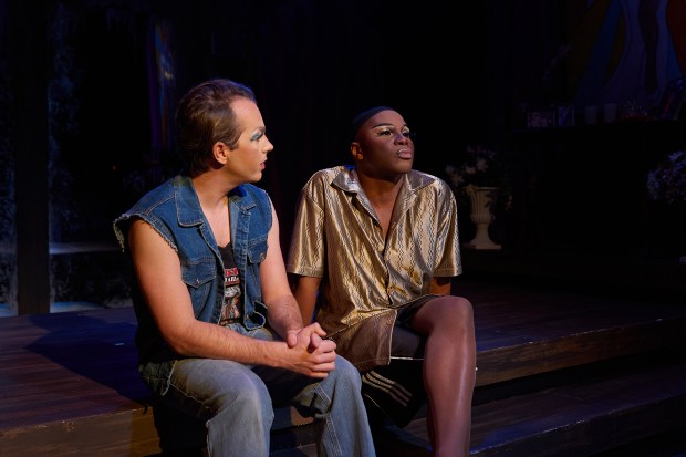 Paul Michael Thomson and Terry Guest in "At the Wake of a Dead Drag Queen" by Story Theatre at Raven Theatre. (David Hagen)