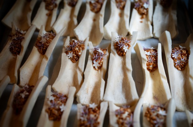 Portions of the Fossilized Humita Bone course wait to be plated in the kitchen at Alinea, April 30, 2025. (E. Jason Wambsgans/Chicago Tribune)