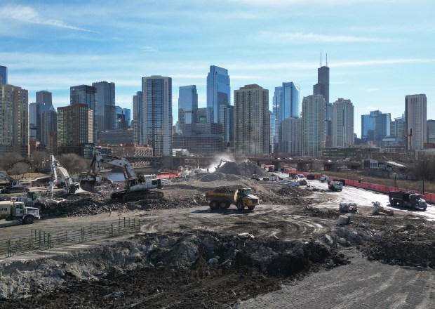 Demolition at the Tribune's former printing plant on Jan. 29, 2025, making way for the Bally's Chicago Casino. (Audrey Richardson/Chicago Tribune)