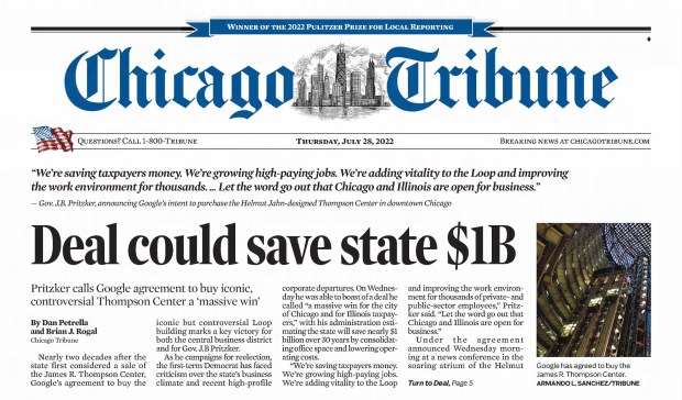 "The move into the heart of Chicago's downtown is part of a nationwide push by Google to increase its workforce and get employees back to the office," the Tribune reported after Google announced in July 2022, its plans to move into the Thompson Center after a major renovation. (Chicago Tribune)