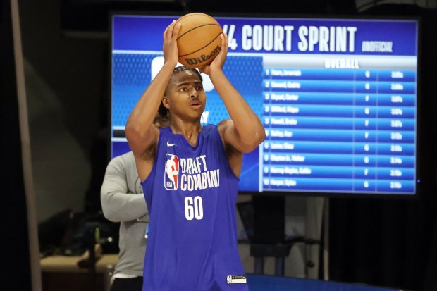 Collin Murray-Boyles demonstrates his shooting ability during the NBA draft combine at Wintrust Arena on Tuesday, May 13, 2025. (Terrence Antonio James/Chicago Tribune)