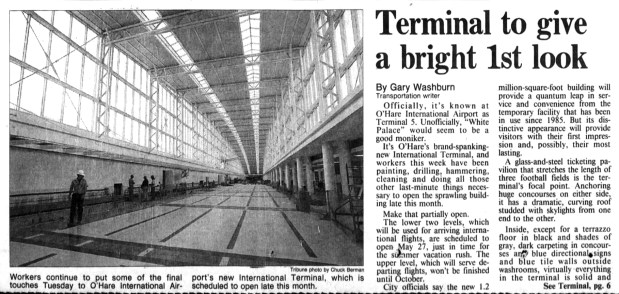 Terminal 5 at Chicago's O'Hare International Airport opened in 1993 with 156 ticket counter positions, VIP lounges, 21 aircraft gates, a smorgasbord of restaurants and the capability to handle 4,000 passengers per hour through customs. (Chicago Tribune)