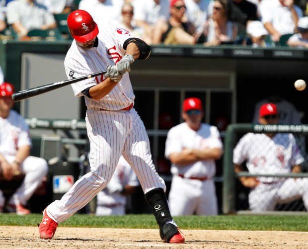 Chicago White Sox first baseman Paul Konerko (14) hits a three-run home run in the fourth inning against the Cleveland Indians at U.S. Cellular Field in Chicago on May 27, 2012. (José M. Osorio/Chicago Tribune)