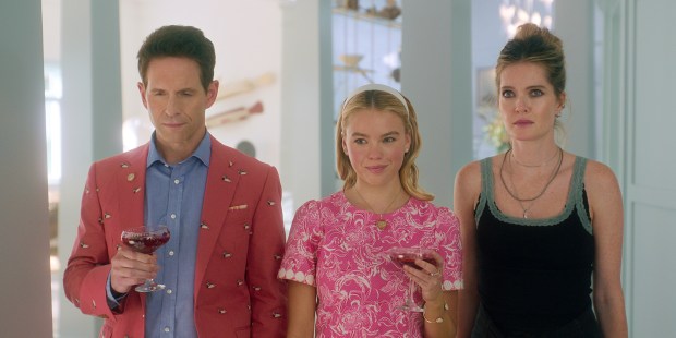 From left: Glenn Howerton as Ethan, Milly Alcock as Simone, and Meghann Fahy as Devon in "Sirens." (Netflix)