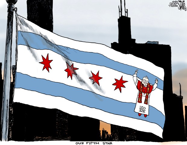 Scott Stantis editorial cartoon for Sun, May 11, 2025, on Pope Leo XIV. (Scott Stantis/For the Chicago Tribune)