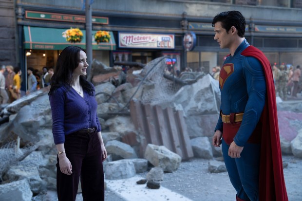 Lois Lane (Rachel Brosnahan) sizes up her coworker in disguise (David Corenswet) in "Superman." (Jessica Miglio/Warner Bros. Entertainment)