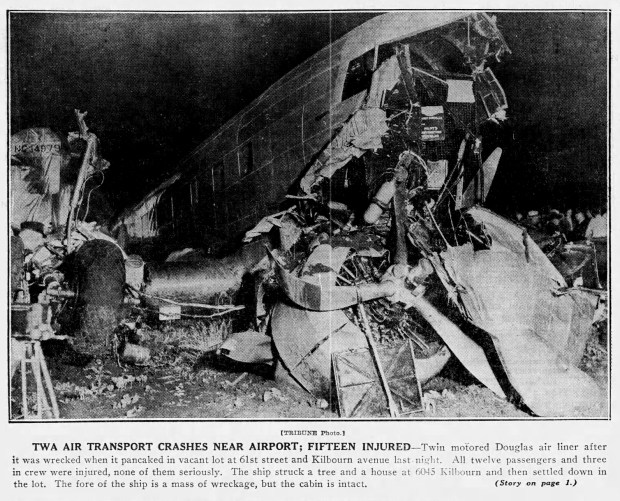 Though a commercial plane hit a tree and a house at 6045 S. Kilbourn Ave., Chicago on May 31, 1936, it landed safely in a vacant lot with a loud thud, the Tribune reported. All 12 passengers and three crew members survived. (Chicago Tribune)