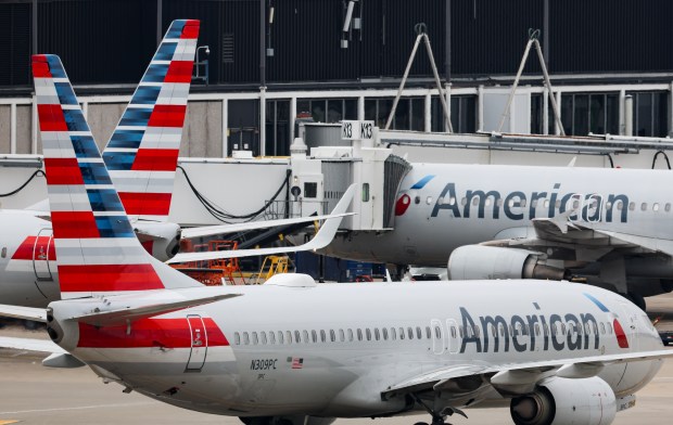 American Airlines planes taxi and park at O'Hare International Airport in Chicago, Feb. 5, 2025. (Audrey Richardson/Chicago Tribune)