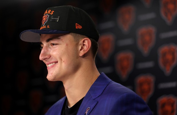 Tight end Colston Loveland, selected by the Bears with the No. 10 pick in the first round of the NFL draft, is introduced at Halas Hall on April 25, 2025. (Chris Sweda/Chicago Tribune)