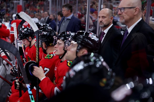Blackhawks interim coach Anders Sörensen looks on from the bench in the second period against the Jets on Dec. 7, 2024, at the United Center. (Chris Sweda/Chicago Tribune)
