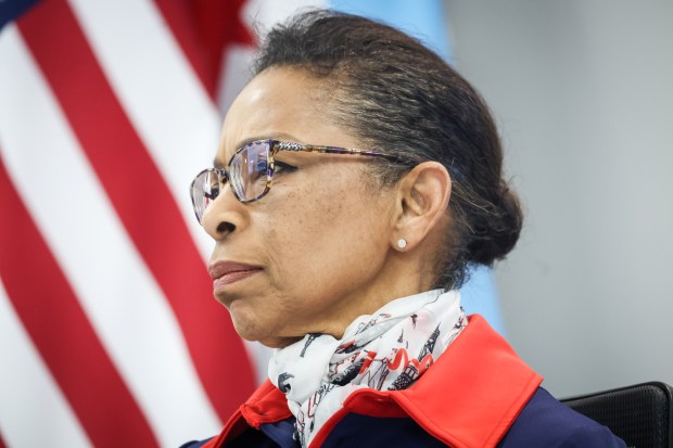 Mary B. Richardson-Lowry, corporation counsel in the city of Chicago law department, listens to questions as Mayor Brandon Johnson hosts a media availability at City Hall on April 15, 2025, in Chicago. (Audrey Richardson/Chicago Tribune)