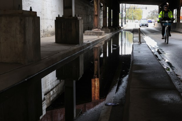 A cyclist rides around standing water in a bike lane on 71st Street near Cottage Grove in Chatham, April 21, 2025. (Eileen T. Meslar/Chicago Tribune)