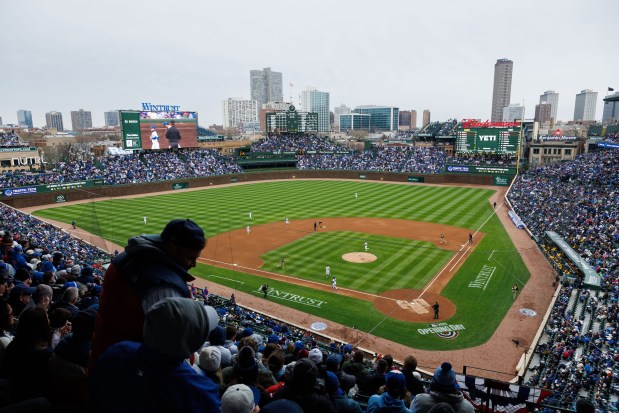 Fans watch the Cubs-Padres game during the home opener on April 4, 2025, at Wrigley Field. (Armando L. Sanchez/Chicago Tribune)