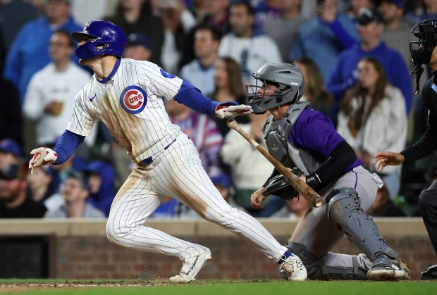 Chicago Cubs third baseman Matt Shaw drives in the winning run on a single in the 11th inning of a game against the Colorado Rockies at Wrigley Field in Chicago on May 27, 2025. (Chris Sweda/Chicago Tribune)