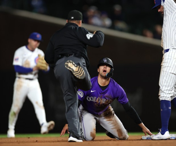 Colorado Rockies player Tyler Freeman reacts as he is called out by the umpire after trying to steal second base in the ninth inning of a game against the Chicago Cubs at Wrigley Field in Chicago on May 27, 2025. (Chris Sweda/Chicago Tribune)
