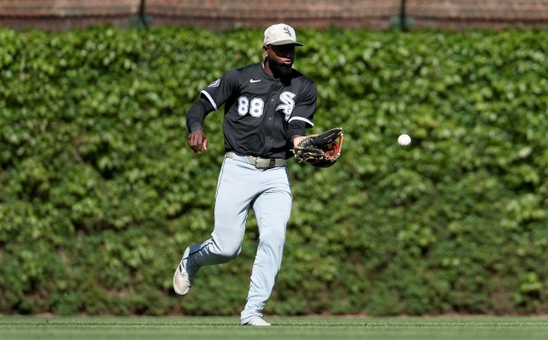 Chicago White Sox center fielder Luis Robert Jr. (88) fields a ball that went for a run-scoring single for Chicago Cubs outfielder Pete Crow-Armstrong in the seventh inning of a game at Wrigley Field in Chicago on May 16, 2025. (Chris Sweda/Chicago Tribune)