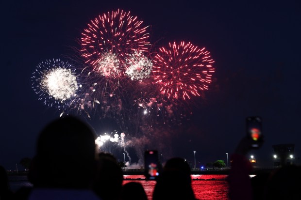People watch a Navy Pier biweekly firework display on June 26, 2024. (Chris Sweda/Chicago Tribune)