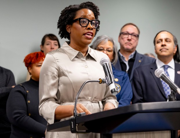 U.S. Rep. Lauren Underwood of the 14th District speaks Feb. 17, 2025, as Illinois officials gathered to oppose federal budget cuts to services. (Brian Cassella/Chicago Tribune)