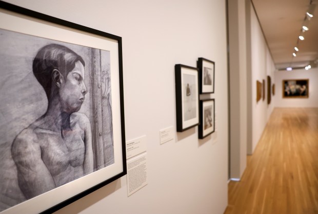 A copy of Hena Rodríguez's self-portrait, 1928, on display at "The First Homosexuals" exhibit at Wrightwood 659 in Chicago's Lincoln Park neighborhood, May 2, 2025. The original drawing was confirmed as an exhibition loan until the election of Donald Trump. Fearing for the safety of the artwork, the Colombian lender decided to send a copy in place of the original. (Chris Sweda/Chicago Tribune)