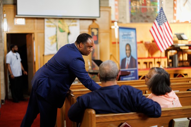 U.S. Rep. Jonathan Jackson speaks with attendees during a town hall at St. Mark United Methodist Church in the Chatham neighborhood, April 23, 2025, in Chicago. (Armando L. Sanchez/Chicago Tribune)