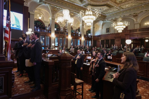 State representatives recite the Pledge of Allegiance at the start of a House floor session at the Illinois State Capitol, May 30, 2025, in Springfield. (John J. Kim/Chicago Tribune)