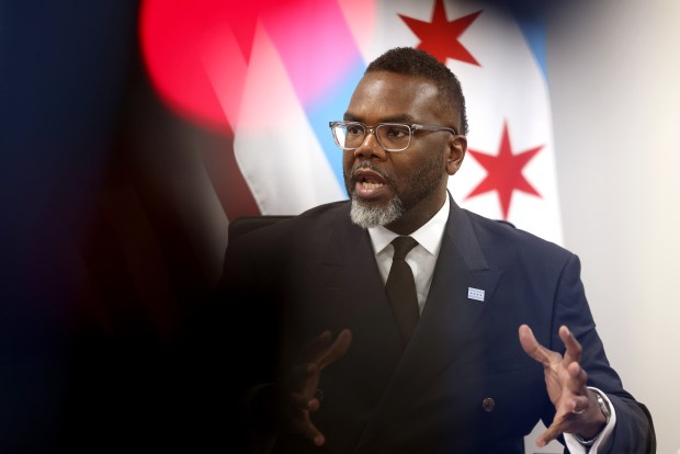 Mayor Brandon Johnson speaks to members of the media during a press conference at City Hall on May 27, 2025. (Antonio Perez/Chicago Tribune)