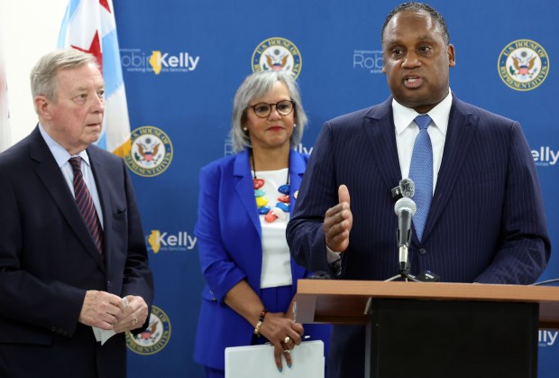 U.S. Sen. Dick Durbin, from left, and U.S. Reps. Robin Kelly and Jonathan Jackson hold a news conference at Roseland Community Hospital in Chicago on March 18, 2025, to discuss the impact of possible Medicaid cuts. (Terrence Antonio James/Chicago Tribune)