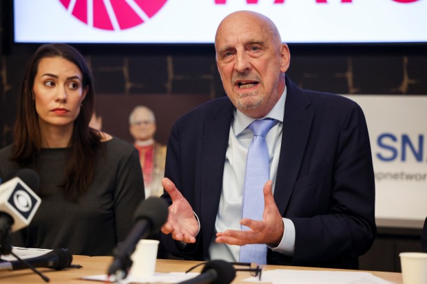 Peter Isely, one of the founders of Survivors Network of those Abused by Priests and a survivor of sexual abuse by a priest, speaks during a news conference discussing Pope Leo XIV's past and what SNAP would like him to do regarding sexual abuse in the Catholic church, on May 20, 2025. (Eileen T. Meslar/Chicago Tribune)
