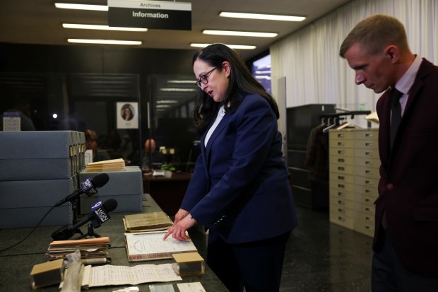 Clerk Mariyana Spyropoulos speaks about the declaration of intention document of Pope Leo XIV's paternal grandfather Salvatore Riggitano found in the archives of the Clerk of the Circuit Court of Cook County Thursday, May 22, 2025. (Eileen T. Meslar/Chicago Tribune)
