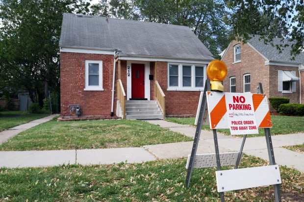 A parking restriction sign is posted in front of the childhood home of Pope Leo XIV in Dolton, May 16, 2025. (Terrence Antonio James/Chicago Tribune)