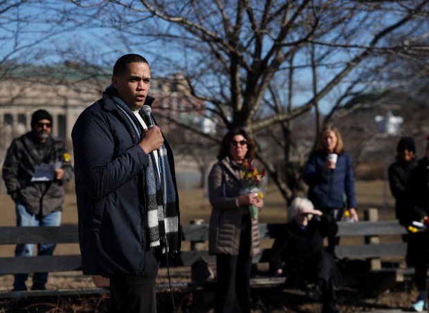 State Sen. Robert Peters speaks during an event at Jackson Park on March 13, 2025. (Eileen T. Meslar/Chicago Tribune)