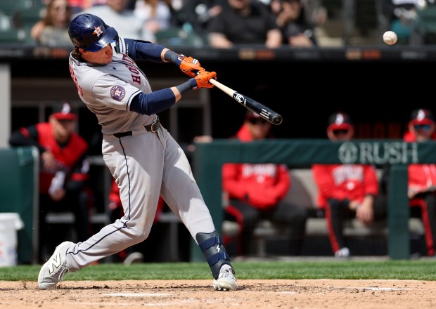 Astros center fielder Jake Meyers (6) hits a three-run home run in the sixth inning against the White Sox on May 3, 2025, at Rate Field. (Chris Sweda/Chicago Tribune)