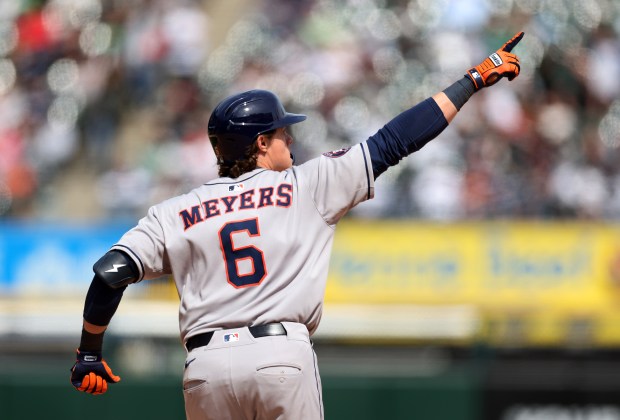 Astros center fielder Jake Meyers celebrates as he rounds the bases after hitting a three-run home run in the sixth inning against the White Sox on May 3, 2025, at Rate Field. (Chris Sweda/Chicago Tribune)