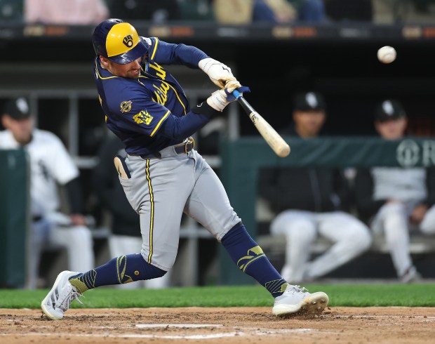 Milwaukee Brewers third baseman Caleb Durbin flies out in the fifth inning of a game against the Chicago White Sox at Rate Field in Chicago on April 29, 2025. (Chris Sweda/Chicago Tribune)