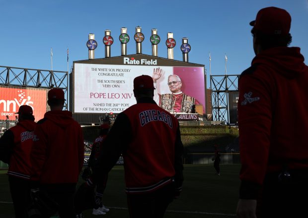 The image of new Pope Leo XIV is cast on the big video board at Rate Field in Chicago before a game between the Chicago White Sox and the Miami Marlins on May 9, 2025. (Chris Sweda/Chicago Tribune)