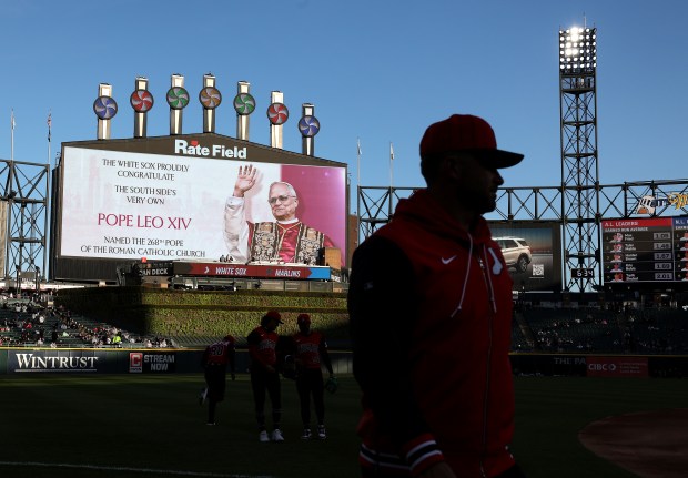 The image of new Pope Leo XIV is cast on the big video board at Rate Field before a White Sox-Marlins game on May 9, 2025. (Chris Sweda/Chicago Tribune)