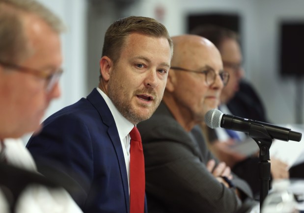 Commission on Government Forecasting and Accountability co-chair state Rep. C.D. Davidsmeyer calls the meeting to order during a hearing on the proposed closure of Stateville Correctional Center during a multiyear rebuild, at the Clarion Hotel and Conference Center on June 11, 2024, in Joliet. (John J. Kim/Chicago Tribune)
