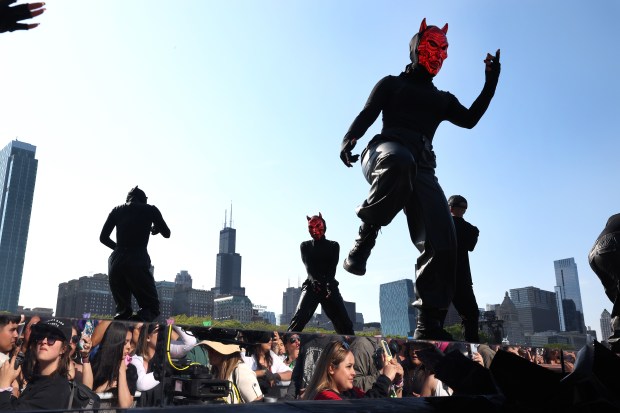 Dancers for Arcángel perform at Sueños Music Festival in Chicago's Grant Park on May 24, 2025. (Chris Sweda/Chicago Tribune)