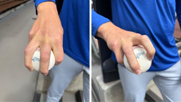 Chicago Cubs starting pitcher Jameson Taillon demonstrates his old, left, and new kick-change changeup grip on April 16, 2025. (Meghan Montemurro/Chicago Tribune)